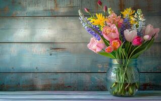 AI generated Colorful Spring Flowers Arranged in a Glass Jar Against a Rustic Blue Wooden Background photo