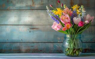 ai generado vistoso primavera flores arreglado en un vaso tarro en contra un rústico azul de madera antecedentes foto