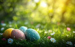 AI generated Four decorated eggs in lush green grass surrounded by vibrant yellow spring flowers, illuminated by the warm glow of morning sunlight photo