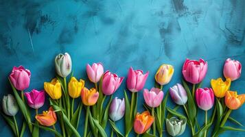 AI generated A Row of Pink and Yellow Tulips Lined Up Against a Blue Textured Background with Copy Space, Flat Lay, Overhead Shot photo