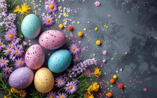 AI generated Colorful Easter Eggs and Bright Spring Flowers on a Textured Gray Background photo
