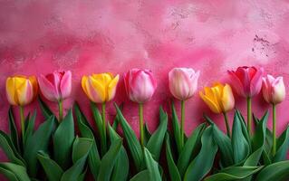 AI generated A Row of Pink and Yellow Tulips Lined Up Against a Pastel Pink Textured Background with Copy Space, Flat Lay, Overhead Shot photo