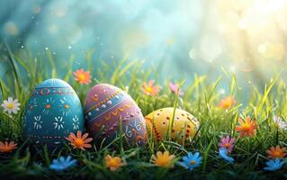 AI generated Colorful Easter eggs decorated with various patterns and designs are scattered on a green grassy field photo