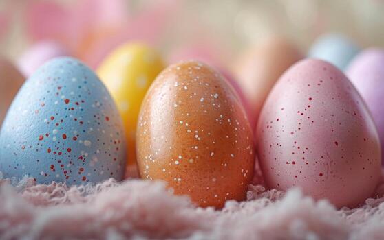 AI generated Close-up of pastel-colored Easter eggs with speckle patterns, nestled on a fluffy pink backdrop photo