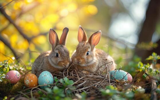 AI generated A cute rabbit sits surrounded by an array of brightly painted Easter eggs and fresh spring flowers against a vibrant blue backdrop, evoking the cheerful spirit of Easter photo