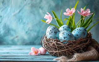 AI generated Decorated blue Easter eggs placed on a wooden background next to the spring flowers photo