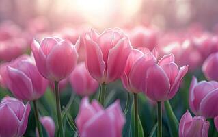 AI generated Pink Tulips Blooming in a Lush Garden During Springtime photo