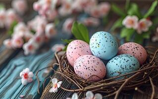 AI generated Decorated colorful Easter eggs placed on a wooden background next to the spring flowers photo