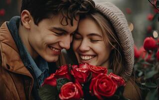 ai generado un joven Pareja en San Valentín día, contento y riendo foto