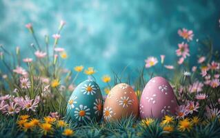 AI generated Colorful Easter eggs decorated with various patterns and designs are scattered on a green grassy field photo