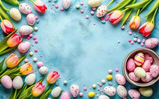 ai generado vistoso Pascua de Resurrección huevos y Fresco tulipanes metido en un pastel azul antecedentes con Copiar espacio, plano poner, gastos generales Disparo foto