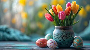 AI generated Colorful Tulips in a Ceramic Vase With Painted Easter Eggs on a Rustic Table with copy space photo