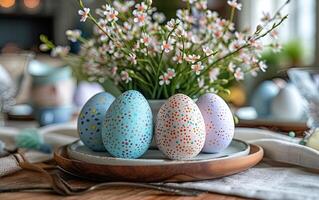 ai generado un arreglo de cuatro pintado a mano Pascua de Resurrección huevos con polca punto patrones en un rústico de madera lámina, acompañado por un Fresco ramo de flores de blanco flores, exhibiendo el festivo espíritu de primavera foto