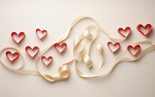 AI generated Valentines day decoration - ribbon-shaped hearts on a cream background photo