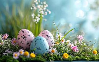 AI generated Colorful Easter eggs decorated with various patterns and designs are scattered on a green grassy field photo