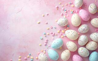 AI generated Easter scene with eggs and candies scattered on a pink textured background, pastel-colored, light-hearted, flat lay, overhead shot photo