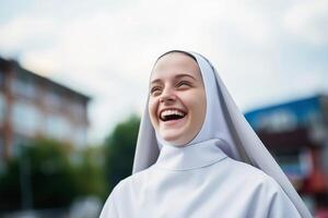 AI generated A cheerful nun in close up portrait.AI generated photo