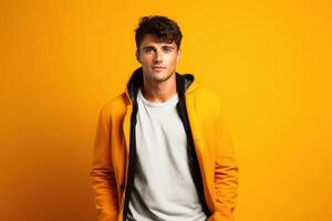AI generated Young male fashion model on a single colored background. photo