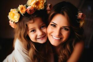 AI generated Loving mother and daughter together happy family .AI generated photo