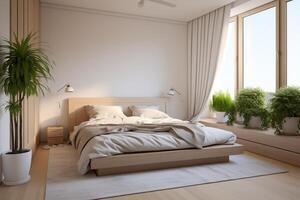 AI generated Interior of modern bedroom with beige walls, wooden floor and comfortable king size bed. photo