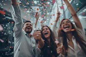 AI generated Group of happy business people celebrating success with raised hands in office. photo