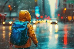 AI generated Back view of a boy with a backpack walking on the rainy street. photo