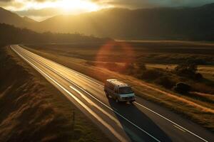 ai generado aéreo ver de un coche conducción en autopista en el desierto. foto