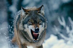 ai generado retrato de un lobo en el invierno bosque. foto