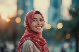 ai generado retrato de un hermosa joven musulmán mujer vistiendo Pañuelo y sonriente. foto