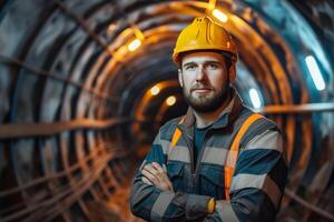 AI generated Portrait of a Miner in a Hardhat at the Mine with AI generated. photo