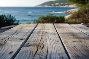 AI generated Wooden Platform by the Clear Blue Sea with AI generated. photo