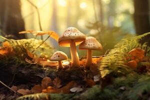 AI generated Mushrooms growing in the autumn forest. Beautiful nature scene. photo