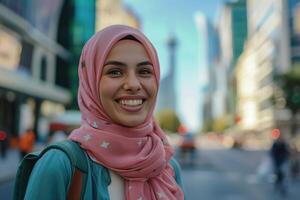 ai generado retrato de un hermosa joven musulmán mujer vistiendo Pañuelo y sonriente. foto