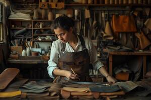 AI generated Artisan Crafting Leather in Workshop with AI generated. photo