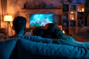 AI generated back view of couple watching movie on sofa in living room at night. photo