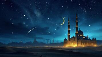 AI generated Animation of islamic background. Mosque with crescent moon and stars at night in the desert animated. Holy place for muslim worship with many twinkle and falling stars at sky. video