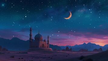 AI generated Animation of islamic background. Mosque with crescent moon and stars at night in the desert animated. Holy place for muslim worship with many twinkle and falling stars at sky. video