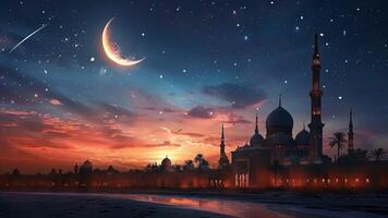 AI generated Animation of islamic background. Mosque with crescent moon and stars at night in the desert animated. Holy place for muslim worship with many twinkle and falling stars at sky. video