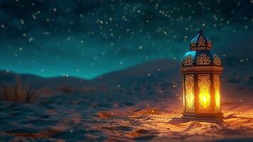 AI generated Islamic decoration background animated. Arabic golden lantern on the desert with many twinkle and falling stars background at night sky. Loop seamless animation. Generative AI video