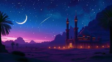 ai généré animation de islamique Contexte. mosquée avec croissant lune et étoiles à nuit dans le désert Animé. saint endroit pour musulman culte avec beaucoup scintillement et chute étoiles à ciel. video