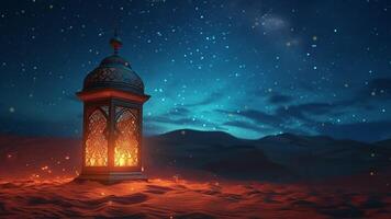 AI generated Islamic decoration background animated. Arabic golden lantern on the desert with many twinkle and falling stars background at night sky. Loop seamless animation. Generative AI video