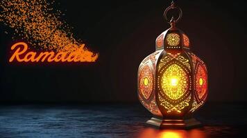 AI generated Animation of islamic decoration background. Arabic golden lantern on the black background with ramadan particle text effect. Loop seamless animation. Generative AI video