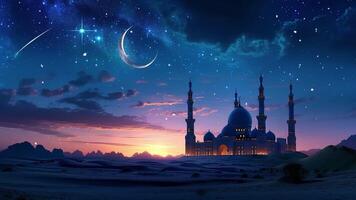 ai généré animation de islamique Contexte. mosquée avec croissant lune et étoiles à nuit dans le désert Animé. saint endroit pour musulman culte avec beaucoup scintillement et chute étoiles à ciel. video