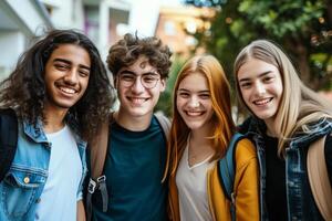 ai generado estudiantes tener divertido juntos al aire libre foto