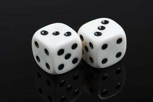 AI generated Two white dices falling on table on black background photo