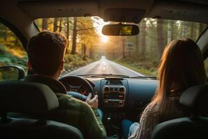 AI generated Couple driving car on country road, Road trip photo