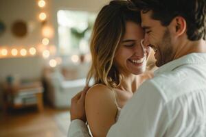 ai generado sonriente Pareja bailando y abrazando en vivo habitación foto