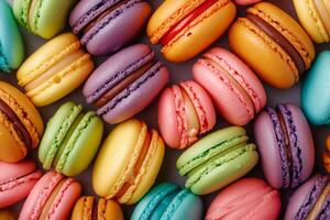 AI generated Colored macarons, close-up. Confectionery products photo