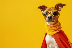 ai generado perro en un superhéroe disfraz en un amarillo antecedentes foto