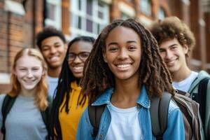 ai generado estudiantes tener divertido juntos al aire libre foto